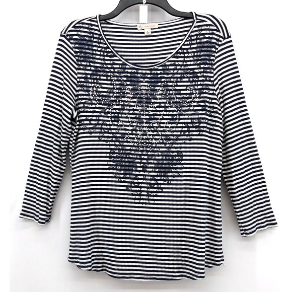 CB Established 1962 Shirt Womens Large Black Striped Scroll Print Rhinestone - Picture 1 of 8